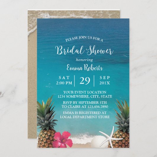 ビーチパイナップルスターフィッシュルアウ(ハワイ式宴会)ブライダルシャワー 招待状 (正面/裏面)