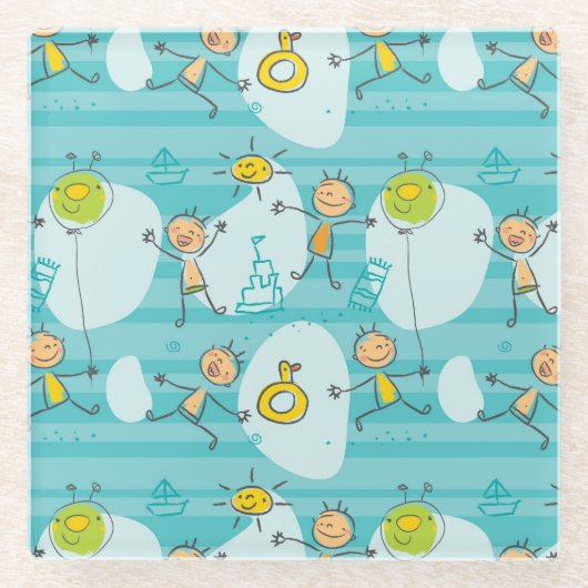 ビーチパターンで遊んでいるかわいい子供 ガラスコースター (正面)