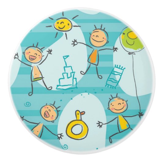 ビーチパターンで遊んでいるかわいい子供 セラミックノブ (正面)