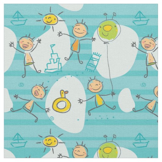ビーチパターンで遊んでいるかわいい子供 ファブリック (クローズアップ)