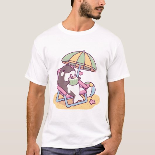ビーチパラソルの下でのんびりシャチ Tシャツ (正面)