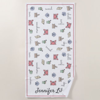 ビーチパーソナライズされたサンドキャッスルカニシェルペールキッド ビーチタオル