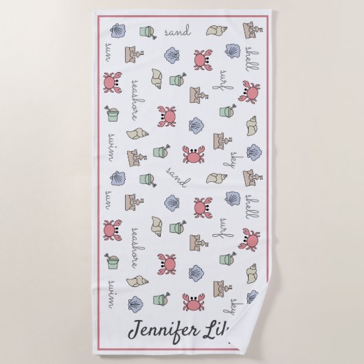 ビーチパーソナライズされたサンドキャッスルカニシェルペールキッド ビーチタオル (正面)