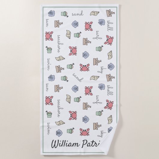 ビーチパーソナライズされたサンドキャッスルカニシェルペールキッド ビーチタオル (正面)
