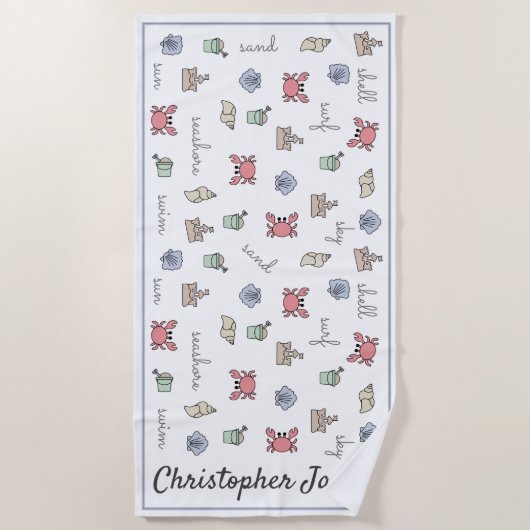 ビーチパーソナライズされたサンドキャッスルカニシェルペールキッド  ビーチタオル (正面)