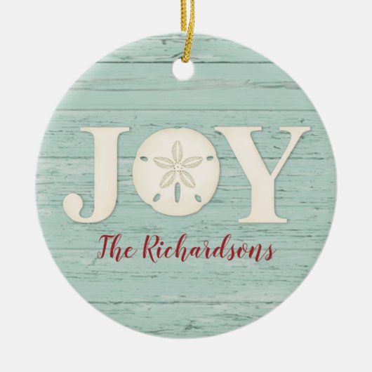 ビーチパーソナライズされたサンドドルクリスマスジョイ セラミックオーナメント (正面)
