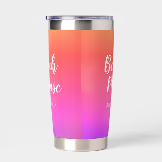 ビーチパーソナライズされたピンクオレンジグラデーション色 保温保冷タンブラー (右面)