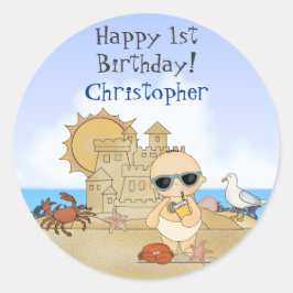 ビーチパーソナライズされたベビー1st誕生日ステッカー ラウンドシール