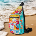 ビーチパーソナライズされた寿命 スリングバッグ<br><div class="desc">カラフルビーチの傘のおもしろいパターンと一緒にカスタム、このバッグスリングの側面のファーストネーム、砂のビーチの波、サンバザース、フォント上の"ビーチの生活"とサーファー。自分のために作る与えか贈り物として。コレクション内の一致アイテム。</div>