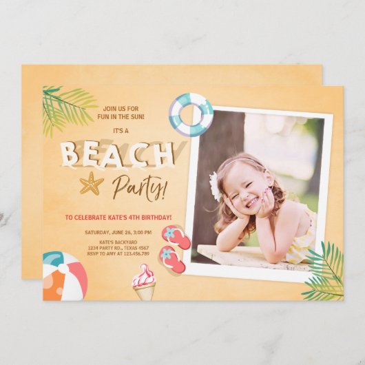 ビーチパーティの招待状ビーチ誕生日BBQサマー 招待状 (正面/裏面)