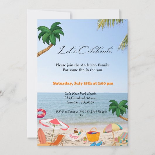 ビーチパーティの招待状、夏の家族ビーチパーティー 招待状 (正面)