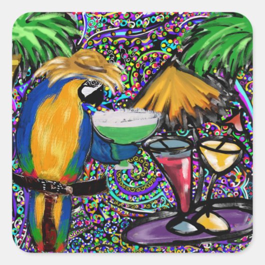 ビーチパーティーのインコ スクエアシール (正面)