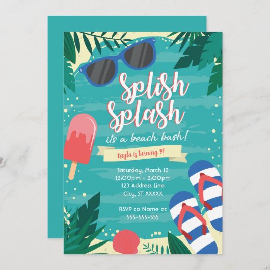 ビーチパーティーの招待状 招待状 (正面/裏面)