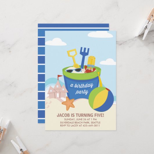 ビーチパーティーキッズ誕生パーティーの招待_Blue 招待状 (正面/裏面インサイチュ)