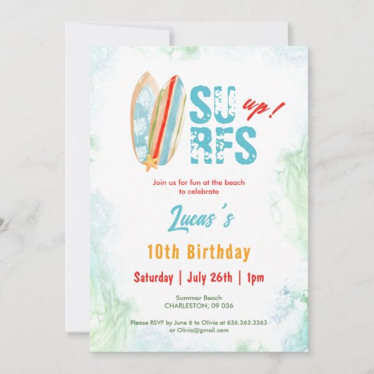 ビーチパーティーサーフサマートロピカル誕生日ボーイ 招待状 (正面)