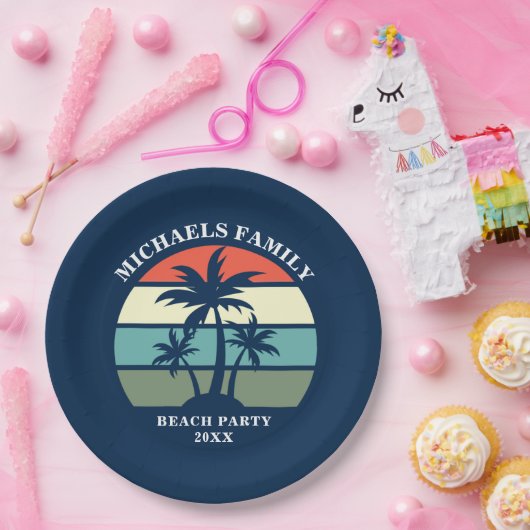 ビーチパーティーパームツリーサンセットアイランドカスタムブルー ペーパープレート (パーティー)