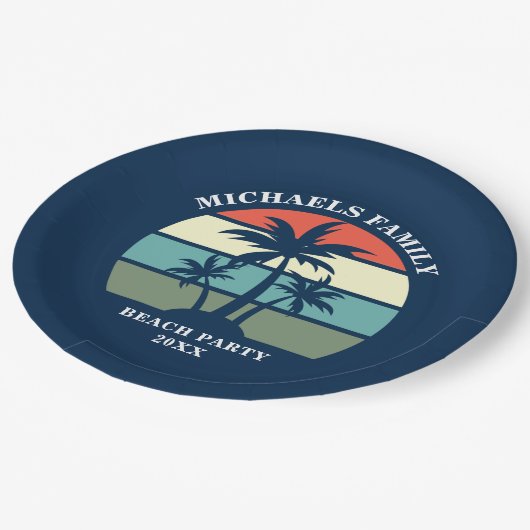 ビーチパーティーパームツリーサンセットアイランドカスタムブルー ペーパープレート (アングル)