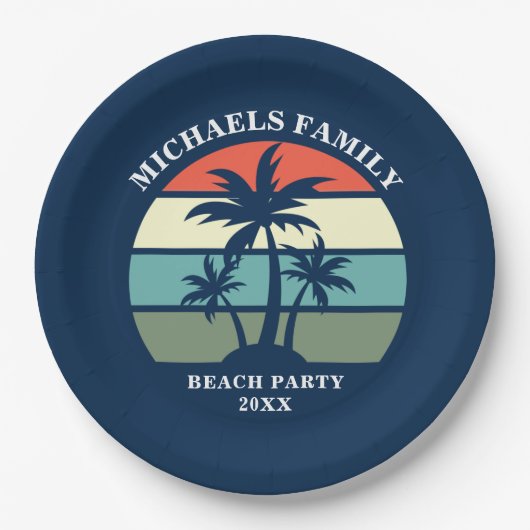 ビーチパーティーパームツリーサンセットアイランドカスタムブルー ペーパープレート (正面)