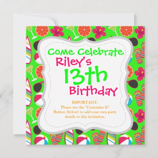 ビーチパーティービーチサンダルサングラスビーチボールグリーン 招待状 (正面)