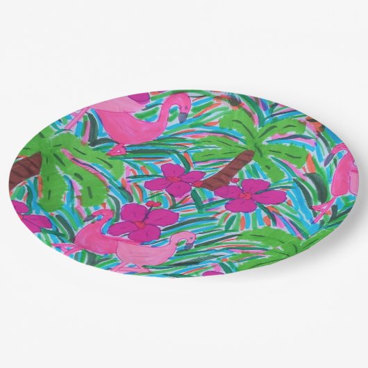 ビーチパーティーフラミンゴスとヤシの木 ペーパープレート (アングル)