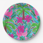 ビーチパーティーフラミンゴスとヤシの木 ペーパープレート (正面)