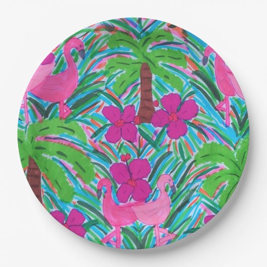 ビーチパーティーフラミンゴスとヤシの木 ペーパープレート (正面)