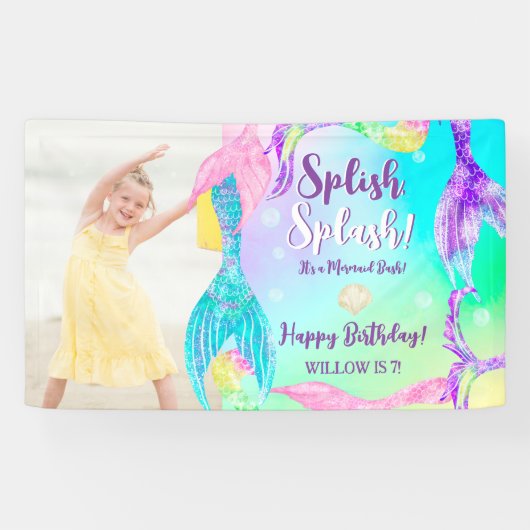 ビーチパーティーマーメイドテール子供の誕生日写真 横断幕 (横)