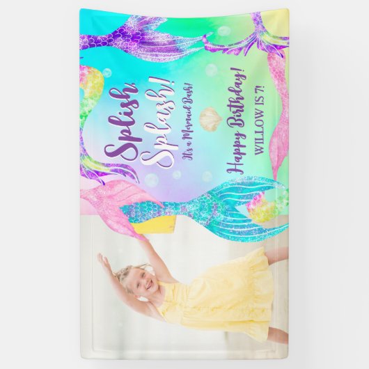 ビーチパーティーマーメイドテール子供の誕生日写真 横断幕 (縦)