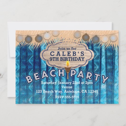 ビーチパーティーレトロブルーウェーブ誕生日招待状 招待状 (正面)
