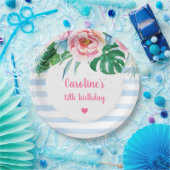 ビーチパーティー熱帯フローラブルーストライプ誕生日 ペーパープレート (パーティー)