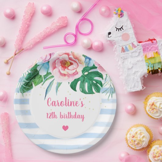ビーチパーティー熱帯フローラブルーストライプ誕生日 ペーパープレート (パーティー)