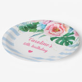 ビーチパーティー熱帯フローラブルーストライプ誕生日 ペーパープレート (アングル)