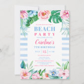 ビーチパーティー熱帯フローラブルーストライプ誕生日 招待状 (正面)