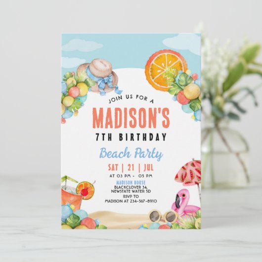 ビーチパーティー編集可能誕生日招待状 招待状 (スタンド正面)