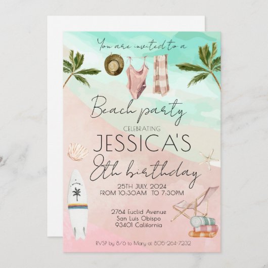 ビーチパーティー誕生日ファースト誕生日ガールボーイ 招待状 (正面/裏面)
