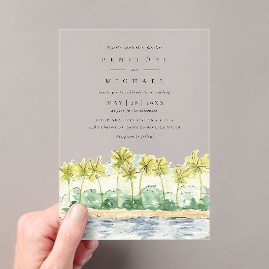 ビーチパームツリーズトロピカルウォーター結婚カラー アクリル招待状 (インサイチュ (ポータブル))