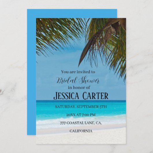 ビーチパームツリーズ海トロピカルブライダルシャワー 招待状 (正面/裏面)