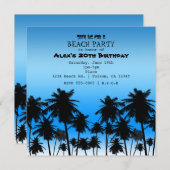 ビーチパームツリー ブラック&ブルー 誕生日パーティー 招待状 (正面/裏面)