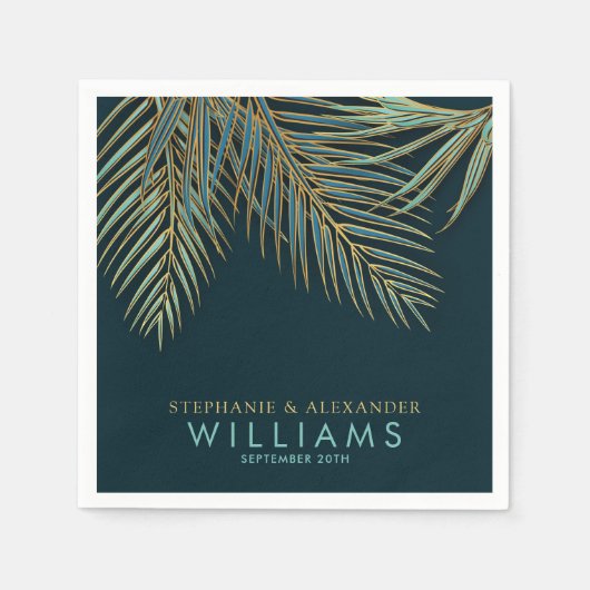 ビーチパームモダン金ゴールドブルーグリーントロピカルズ結婚ズ スタンダードカクテルナプキン (正面)