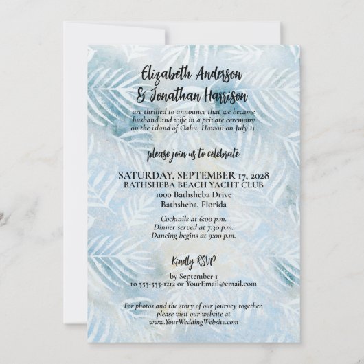 ビーチパーム葉たった今結婚しました写真トロピカル 招待状 (裏面)