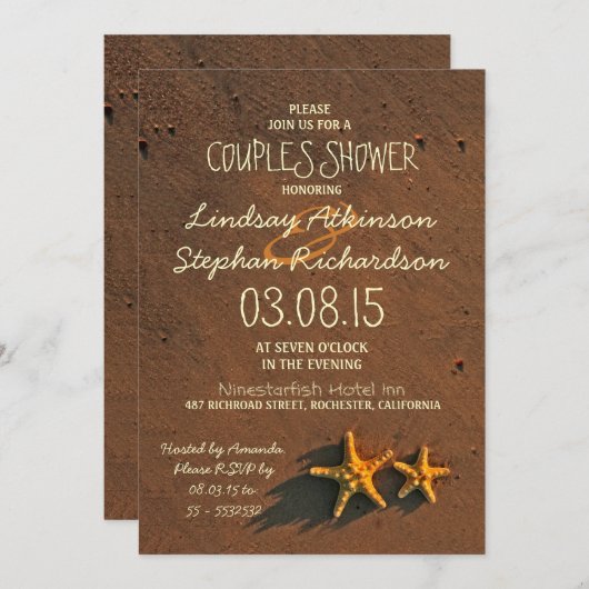 ビーチヒトデカップルのカップルのシャワー招待状 招待状 (正面/裏面)
