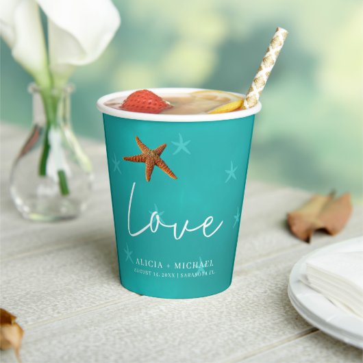 ビーチヒトデ青いカップルの名結婚前 紙コップ (インサイチュ)