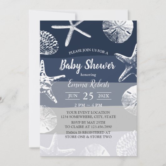 ビーチヒトデ&シーシェルズネイビーブルーベビーシャワー 招待状 (正面)