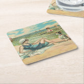 ビーチビクトリアンスイムガール海サマーバケーション スクエアペーパーコースター (アングル)