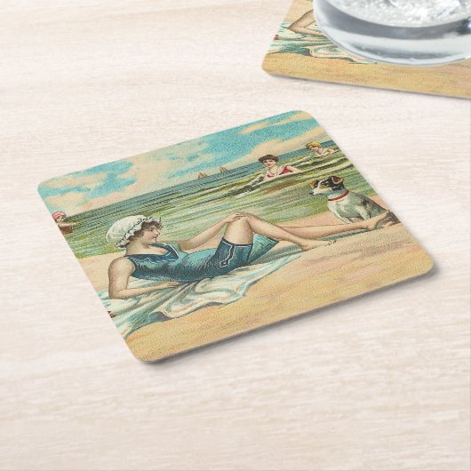 ビーチビクトリアンスイムガール海サマーバケーション スクエアペーパーコースター (アングル)