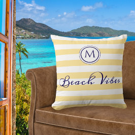 ビーチビベスモノグラムストライプのイエローホワイトシック クッション