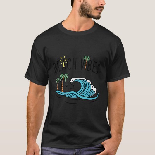 ビーチビベス海ウェーブアンドパームツリーズ Tシャツ (正面)