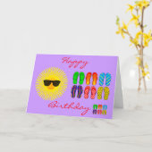 ビーチビーチサンダルと太陽とサングラス誕生日 カード (黄色い花)