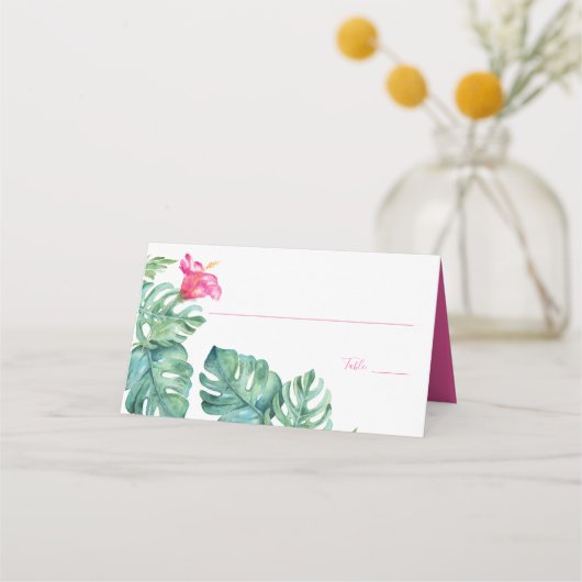 ビーチピンクのフローラ水色ハイビスカス結婚ズ プレイスカード (正面)