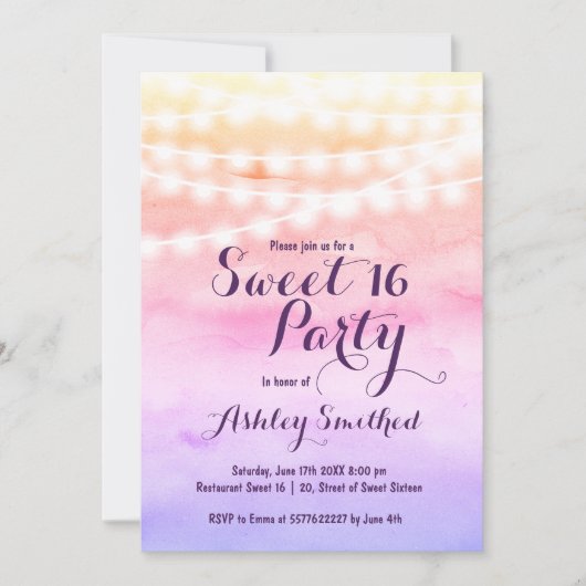ビーチピンクの水の色の文字列のライトスウィート16 招待状 (正面)